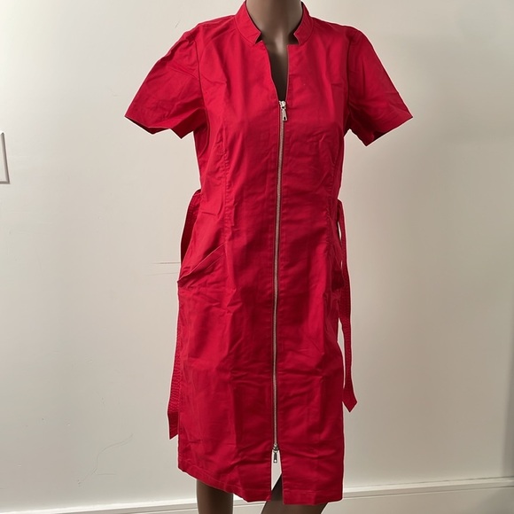 Lafayette 148 New York Zipper Midi Dress Shortsleeve Wasit Tie Red Shift 8 - Picture 7 of 9